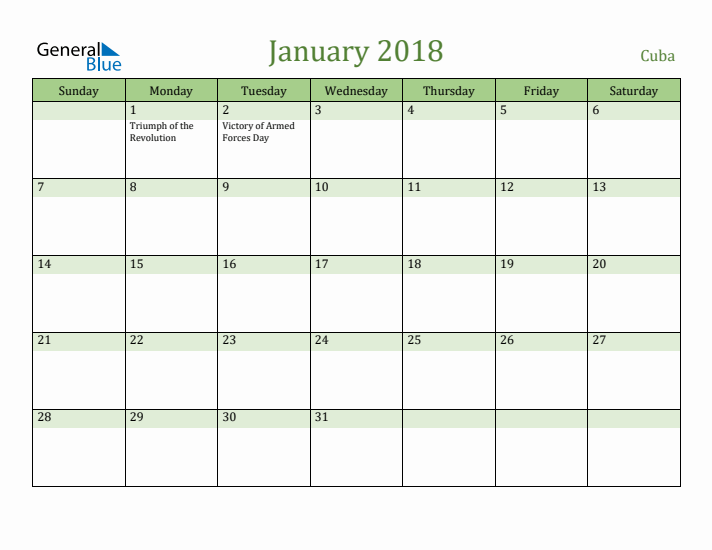 January 2018 Calendar with Cuba Holidays