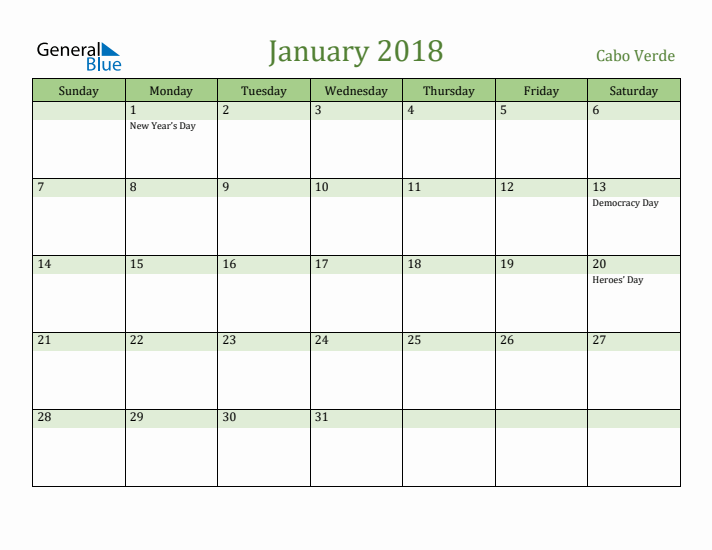 January 2018 Calendar with Cabo Verde Holidays