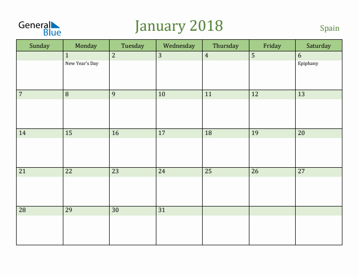 January 2018 Calendar with Spain Holidays