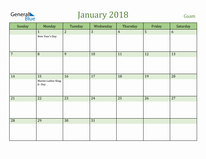 January 2018 Calendar with Guam Holidays
