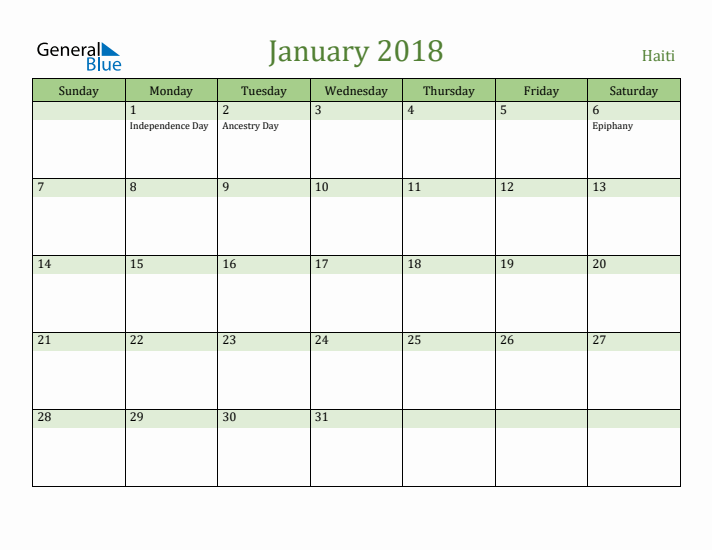 January 2018 Calendar with Haiti Holidays