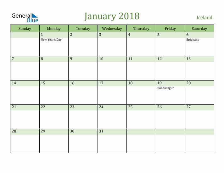 January 2018 Calendar with Iceland Holidays