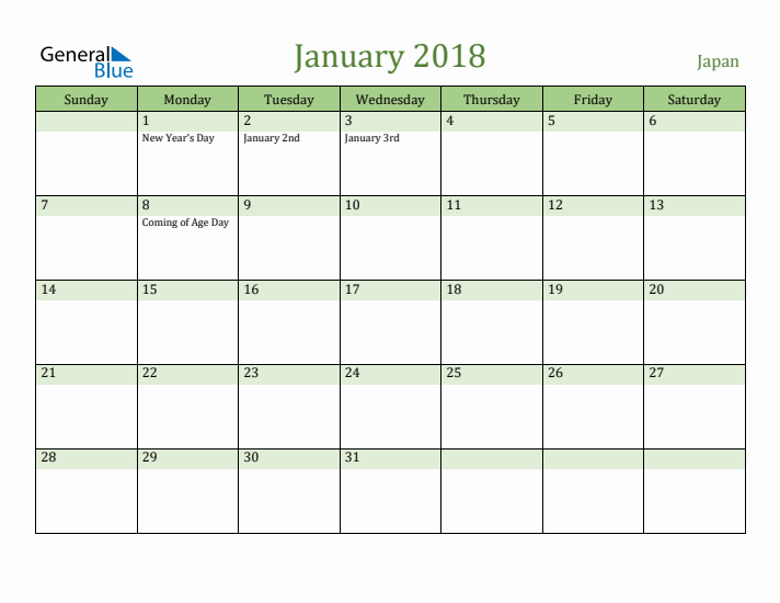 January 2018 Calendar with Japan Holidays
