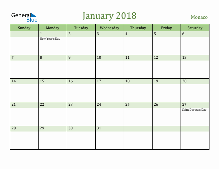 January 2018 Calendar with Monaco Holidays