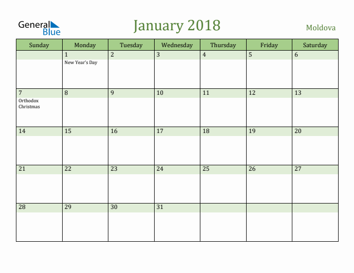 January 2018 Calendar with Moldova Holidays
