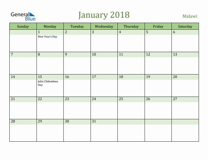 January 2018 Calendar with Malawi Holidays