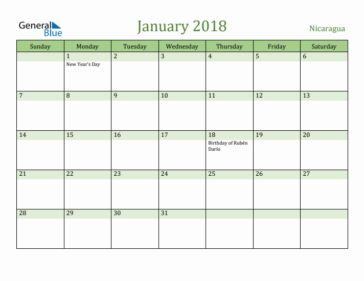 January 2018 Calendar with Nicaragua Holidays