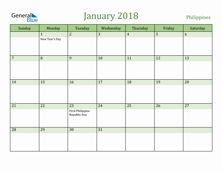 January 2018 Calendar with Philippines Holidays