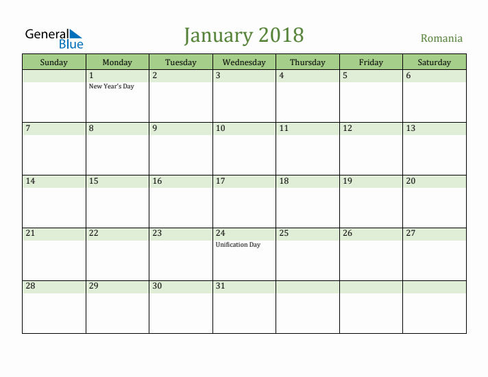 January 2018 Calendar with Romania Holidays