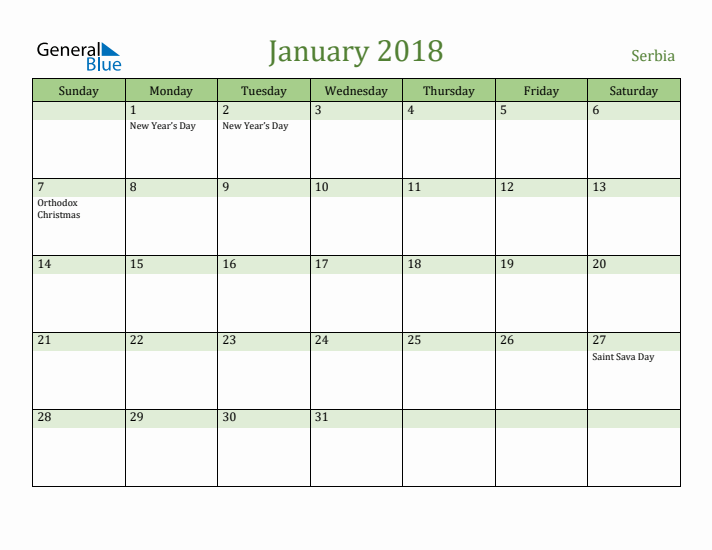 January 2018 Calendar with Serbia Holidays