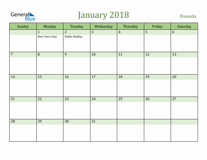 January 2018 Calendar with Rwanda Holidays