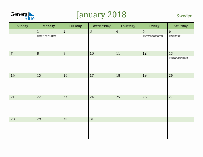 January 2018 Calendar with Sweden Holidays