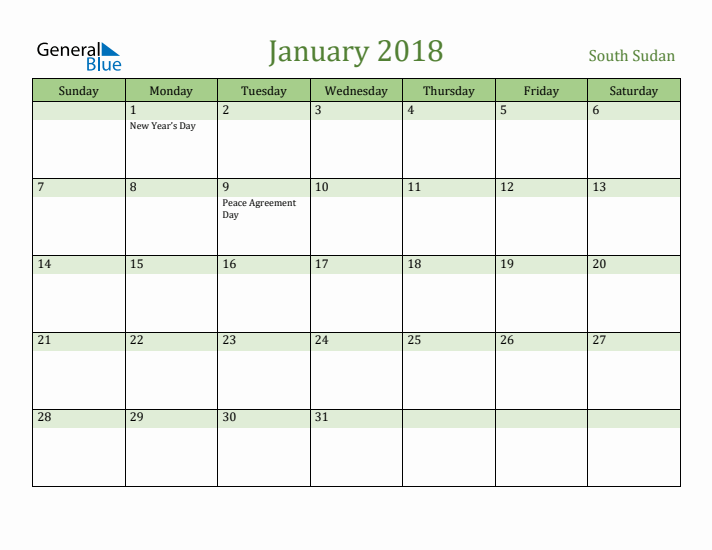 January 2018 Calendar with South Sudan Holidays