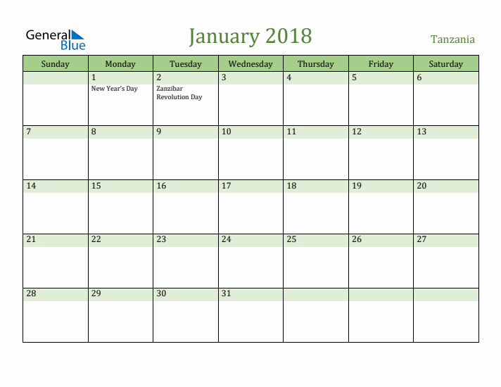 January 2018 Calendar with Tanzania Holidays
