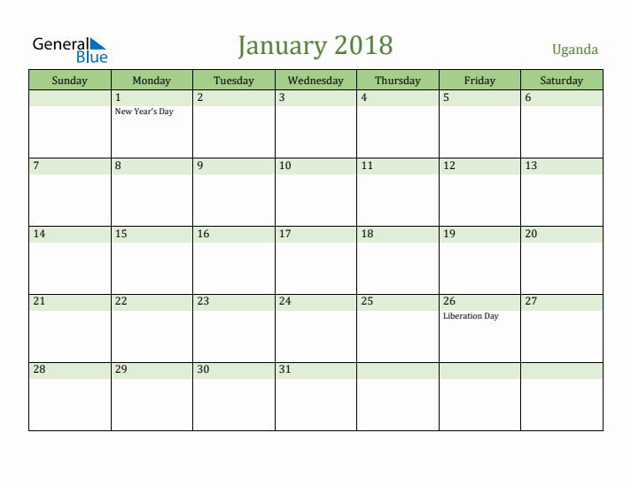 January 2018 Calendar with Uganda Holidays