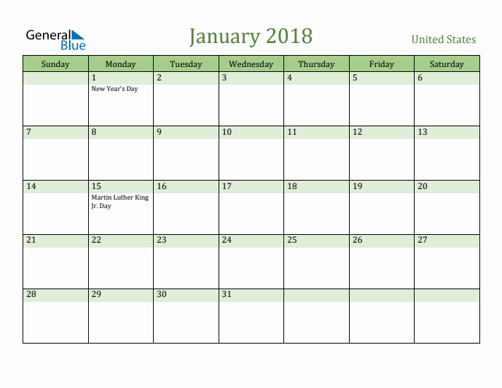 January 2018 Calendar with United States Holidays