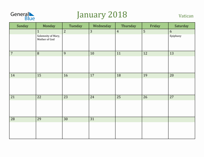 January 2018 Calendar with Vatican Holidays