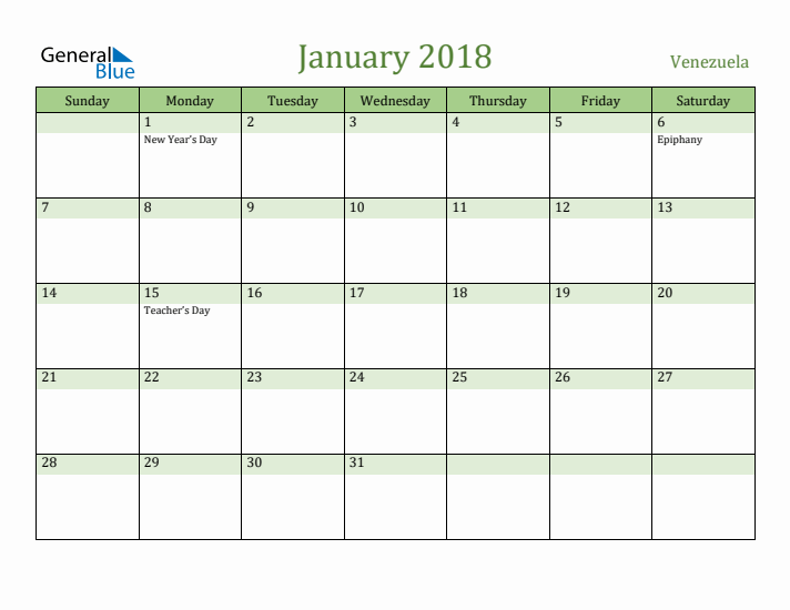 January 2018 Calendar with Venezuela Holidays