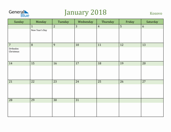 January 2018 Calendar with Kosovo Holidays