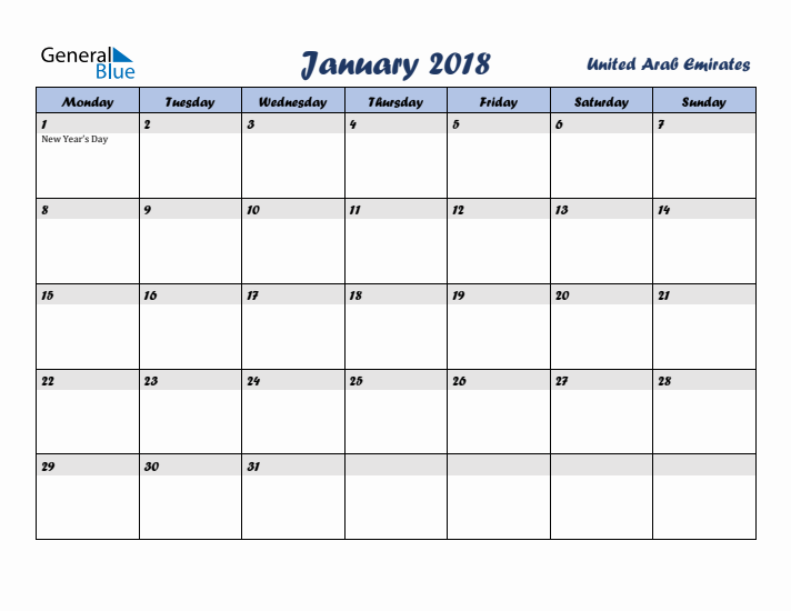 January 2018 Calendar with Holidays in United Arab Emirates