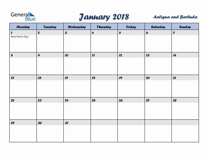 January 2018 Calendar with Holidays in Antigua and Barbuda