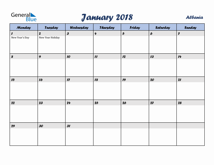 January 2018 Calendar with Holidays in Albania
