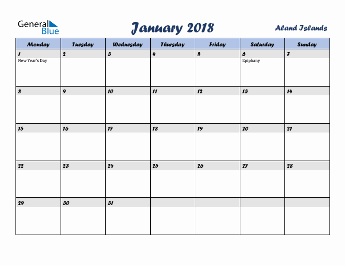 January 2018 Calendar with Holidays in Aland Islands