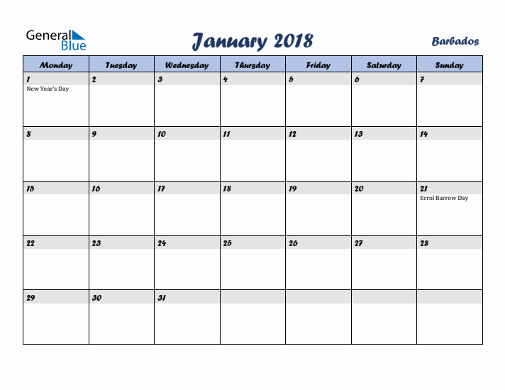 January 2018 Calendar with Holidays in Barbados