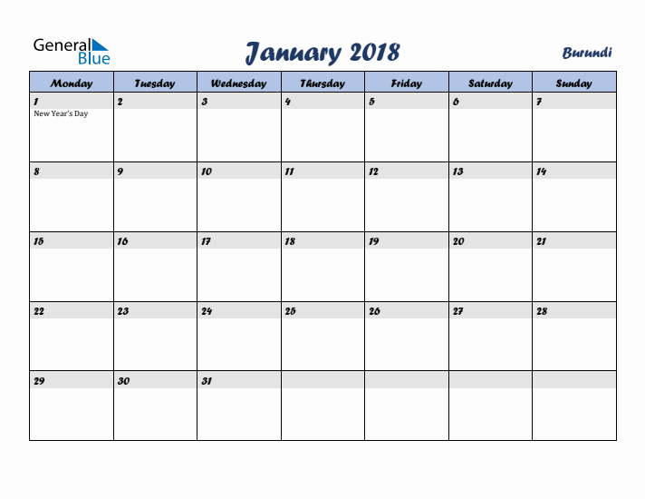 January 2018 Calendar with Holidays in Burundi
