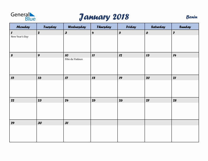 January 2018 Calendar with Holidays in Benin