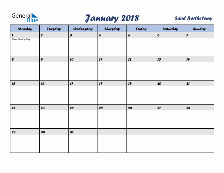 January 2018 Calendar with Holidays in Saint Barthelemy
