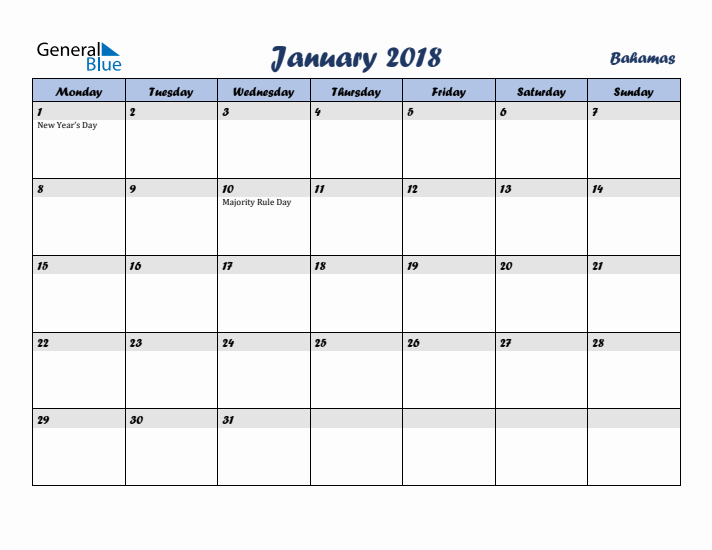 January 2018 Calendar with Holidays in Bahamas