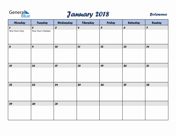 January 2018 Calendar with Holidays in Botswana