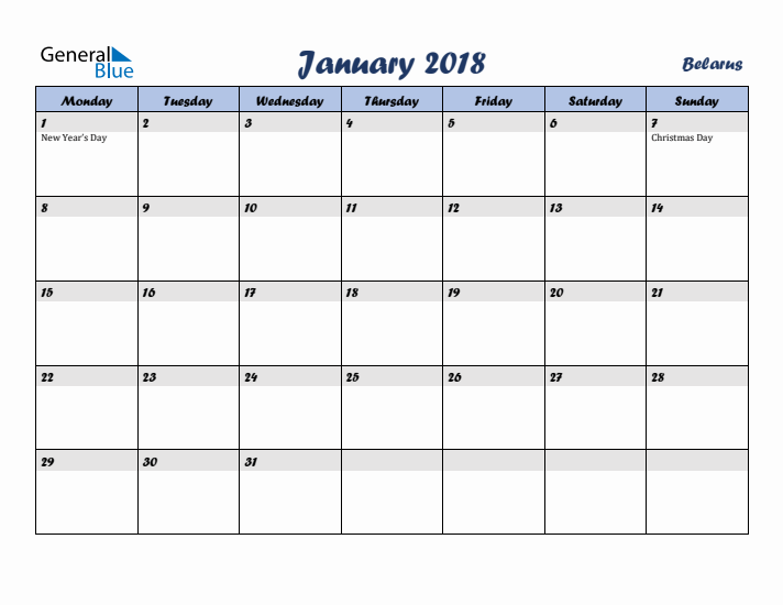 January 2018 Calendar with Holidays in Belarus