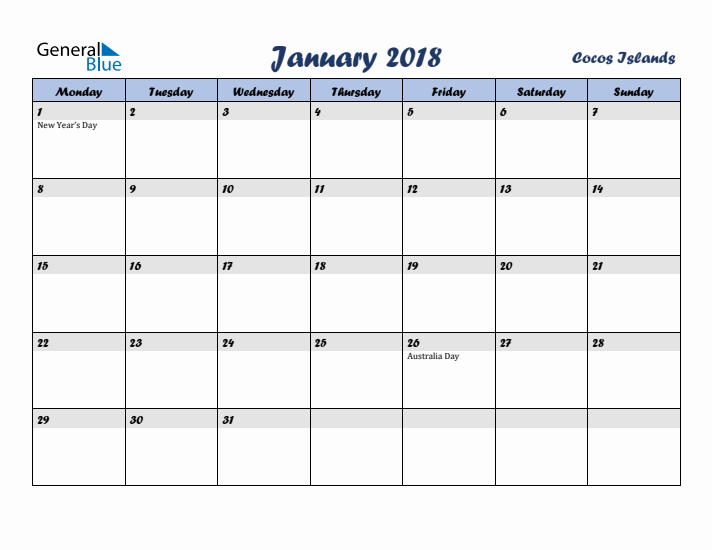 January 2018 Calendar with Holidays in Cocos Islands