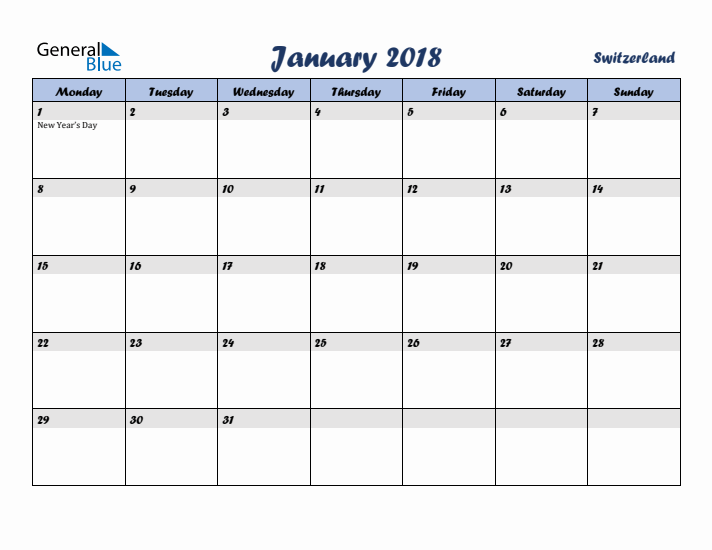 January 2018 Calendar with Holidays in Switzerland