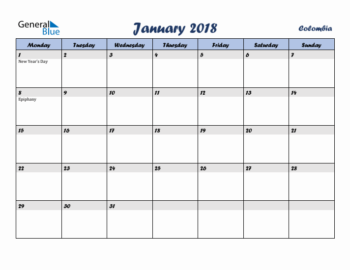 January 2018 Calendar with Holidays in Colombia