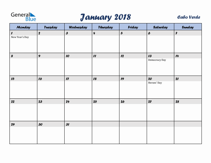 January 2018 Calendar with Holidays in Cabo Verde