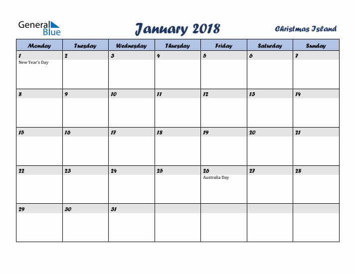 January 2018 Calendar with Holidays in Christmas Island