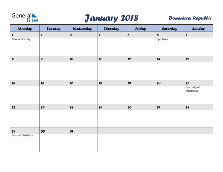 January 2018 Calendar with Holidays in Dominican Republic