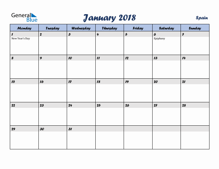 January 2018 Calendar with Holidays in Spain