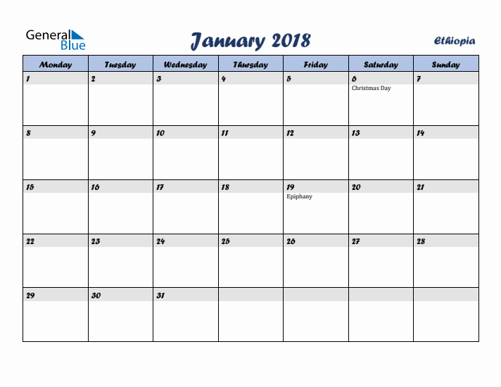 January 2018 Calendar with Holidays in Ethiopia