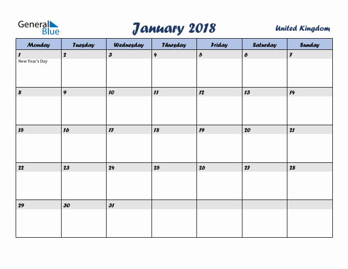January 2018 Calendar with Holidays in United Kingdom