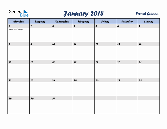 January 2018 Calendar with Holidays in French Guiana