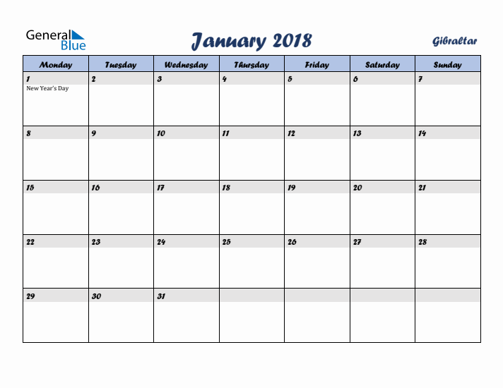 January 2018 Calendar with Holidays in Gibraltar