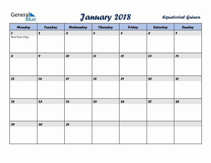 January 2018 Calendar with Holidays in Equatorial Guinea