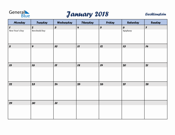 January 2018 Calendar with Holidays in Liechtenstein