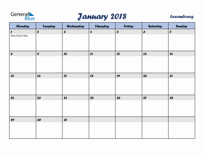 January 2018 Calendar with Holidays in Luxembourg