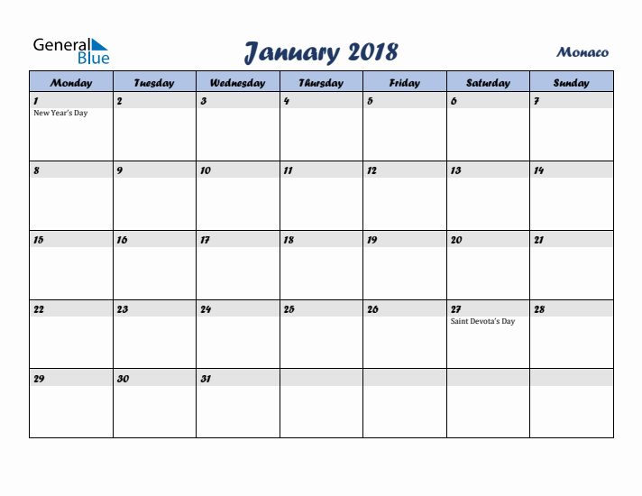 January 2018 Calendar with Holidays in Monaco