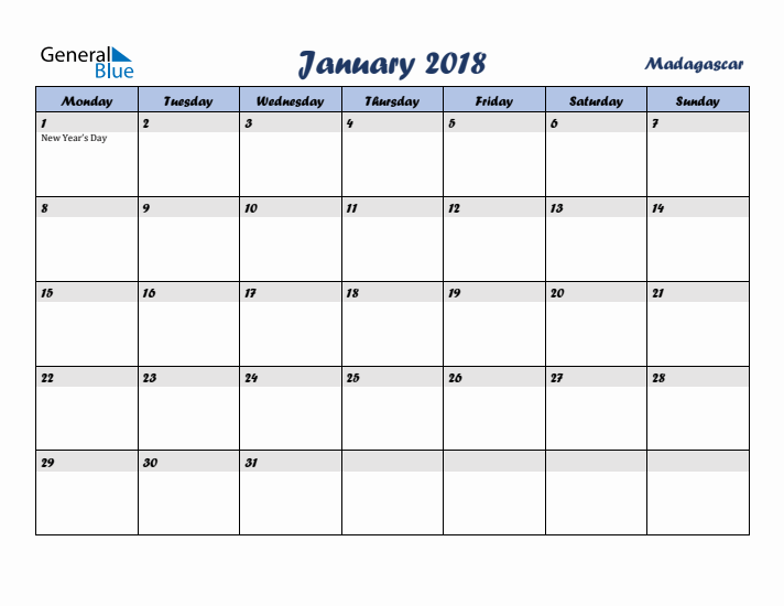 January 2018 Calendar with Holidays in Madagascar